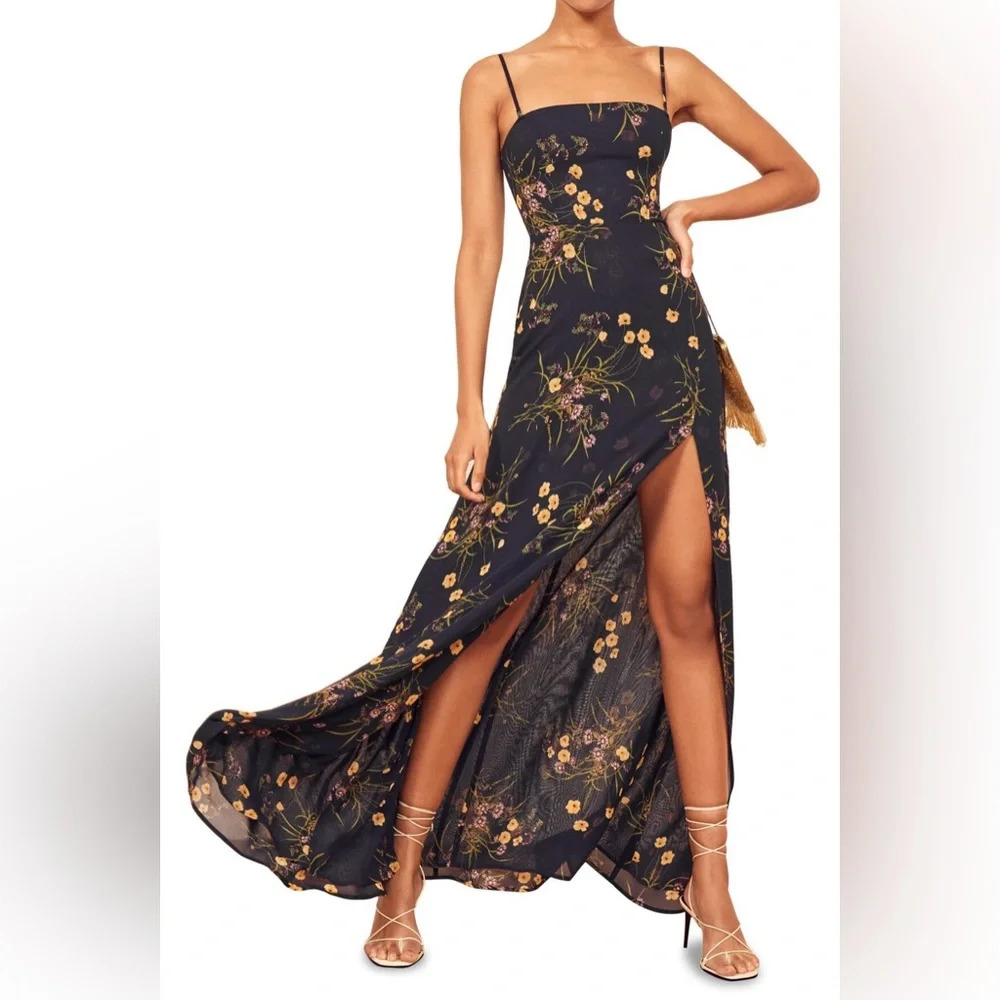 Reformation Black Floral Maxi Dress with Yellow & Pink Accents